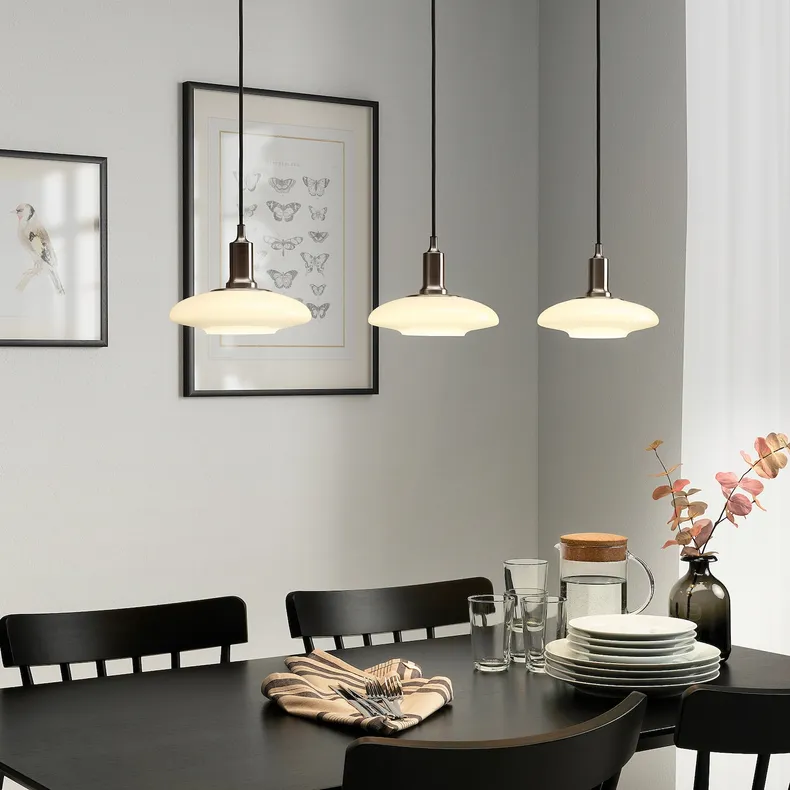 IKEA TÄLLBYN ТЕЛЛЬБІН, підвісний світильник з 3 лампами, нікель / опалове біле скло, 89 см 504.898.42 фото №2