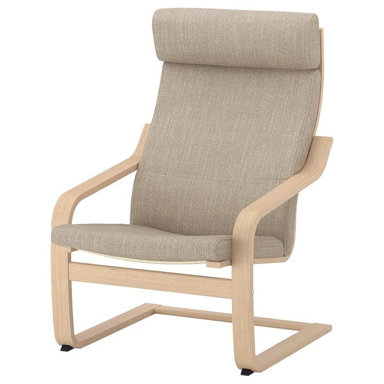 IKEA POÄNG ПОЭНГ, кресло с табуретом для ног, Шпон дуба, окрашенный в белый / бежевый цвет 494.842.75 фото №3