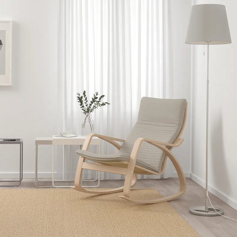 IKEA POÄNG ПОЭНГ, кресло-качалка, Шпон дуба, окрашенный в белый / светло-бежевый цвет 194.292.66 фото №2