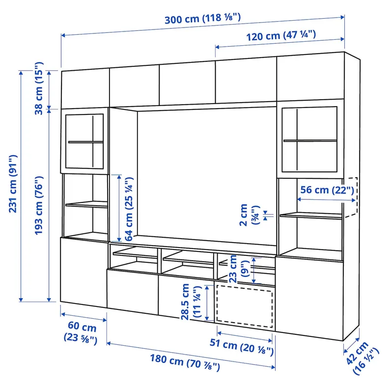 IKEA BESTÅ БЕСТО, шкаф для ТВ, комбин / стеклян дверцы, белый / Лапвикен белое прозрачное стекло, 300x42x231 см 594.110.09 фото №9