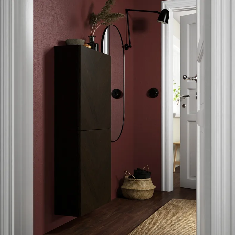 IKEA BESTÅ БЕСТО, навесной шкаф с 2 дверями, Hedeviken черный / коричневый / темно-коричневый, окрашенный шпоном дуба, 60x22x128 см 094.219.68 фото №3