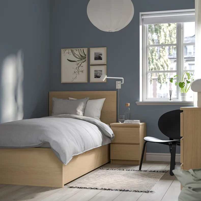 IKEA MALM МАЛЬМ, каркас кровати+2 кроватных ящика, дубовый шпон, беленый / Леирсунд, 90x200 см 891.573.18 фото №2