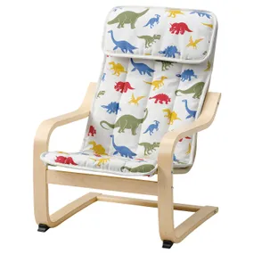 IKEA POÄNG ПОЭНГ, кресло детское, окл береза / медског узор динозавр 894.175.85 фото