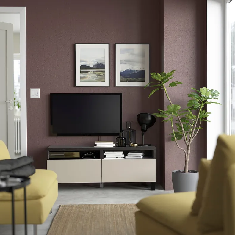 IKEA BESTÅ БЕСТО, тумба для телевізора з шухлядами, чорний / коричневий / Lappviken / Stubbarp світло-сірий / бежевий, 120x42x48 см 994.200.16 фото №3