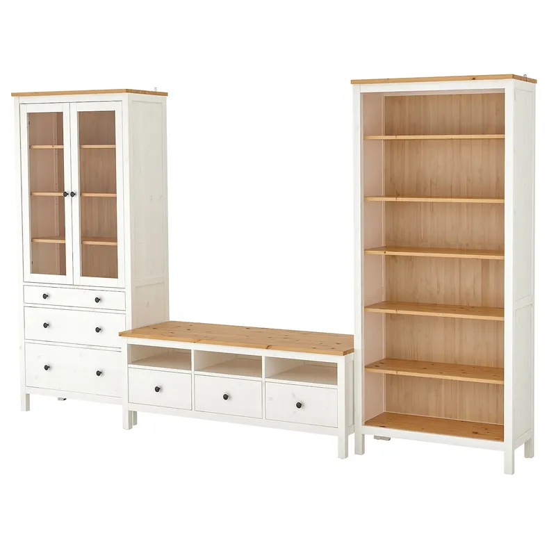 IKEA HEMNES ХЕМНЭС, шкаф для ТВ, комбинация, белое пятно / светло-коричневое прозрачное стекло, 326x197 см 192.995.71 фото №1