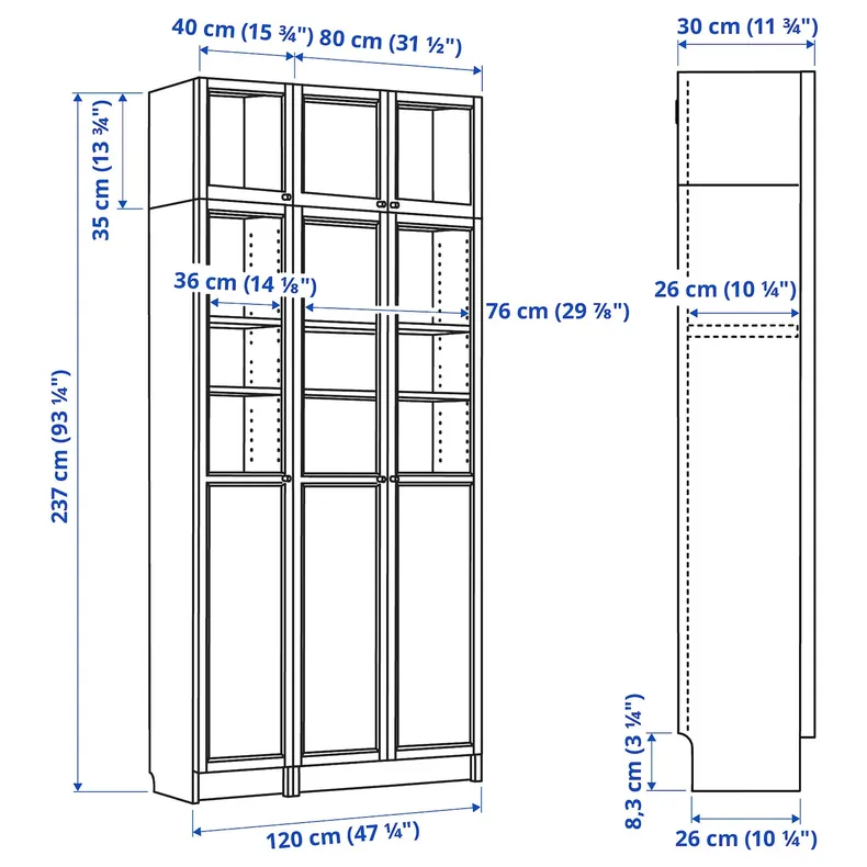 IKEA BILLY БІЛЛІ / OXBERG ОКСБЕРГ, книжкова шафа, білий / скло, 120x30x237 см 592.177.24 фото №4