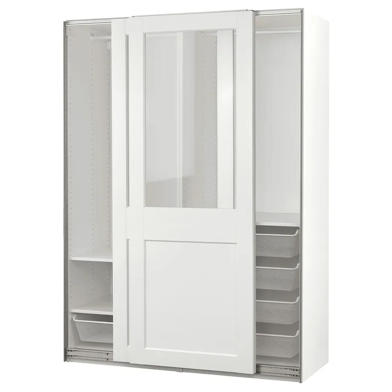IKEA PAX ПАКС / GRIMO ГРІМО, гардероб із розсувними дверцятами, біле / прозоре скло біле, 150x66x201 см 495.022.79 фото №1