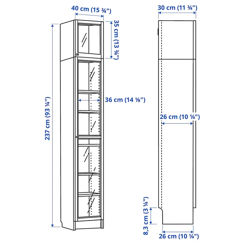 IKEA BILLY БИЛЛИ / OXBERG ОКСБЕРГ, стеллаж + стекл. двери / доп. модуль, коричневый орех, 40x30x237 см 594.833.60 фото №7