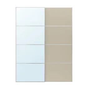 IKEA AULI АУЛІ / MEHAMN МЕХАМН, розсувні дверцята, 2 шт., алюмінієве дзеркало/2шт сіро-бежеве, 150x201 см 995.605.73 фото