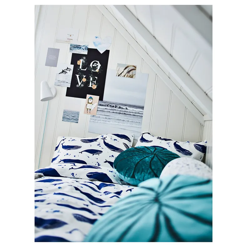 IKEA BLÅVINGAD БЛОВІНГАД, підковдра та наволочка, орнамент кит синій/білий, 150x200/50x60 см 205.211.03 фото №9