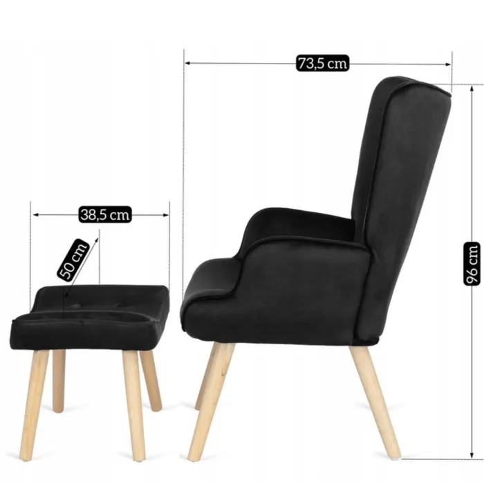 Кресло мягкое бархатное с подставкой для ног MEBEL ELITE LOZANO Velvet, Черный фото №15