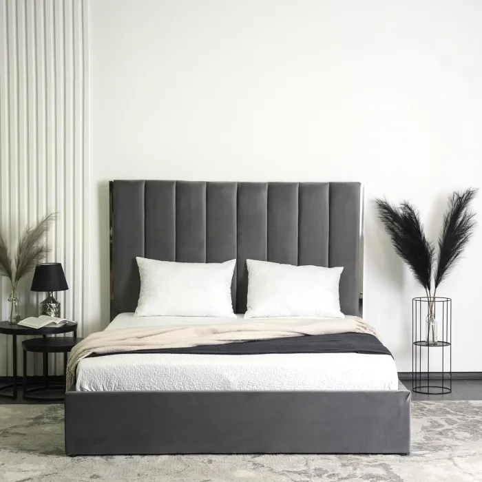 Кровать двуспальная бархатная MEBEL ELITE EMILIO Velvet, 160x200 см, Серый фото №4