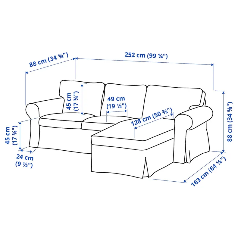 IKEA EKTORP ЭКТОРП, 3-местный диван, с шезлонгом/Талмира синий 194.305.47 фото №7