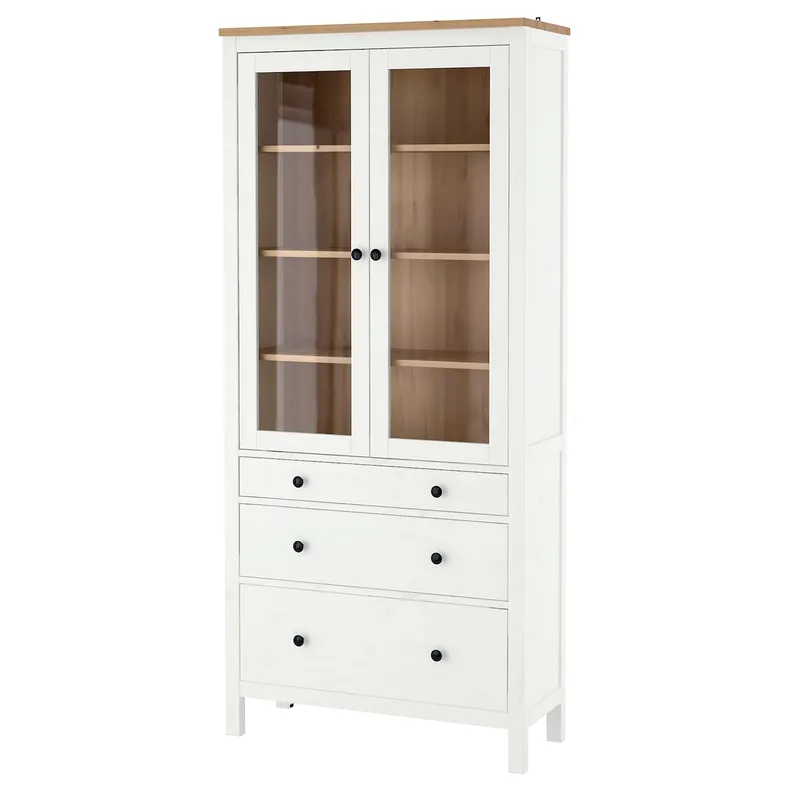 IKEA HEMNES ХЕМНЭС, шкаф-витрина с 3 ящиками, белое пятно / светло-коричневый, 90x197 см 504.135.07 фото №1