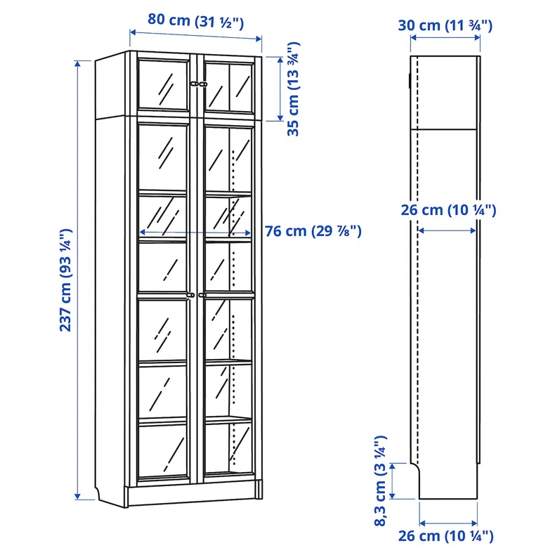 IKEA BILLY БИЛЛИ / OXBERG ОКСБЕРГ, стеллаж + стекл. двери/доп. модуль, темно-коричневая имитация дуб/прозрачное стекло, 80x30x237 см 195.819.04 фото №5
