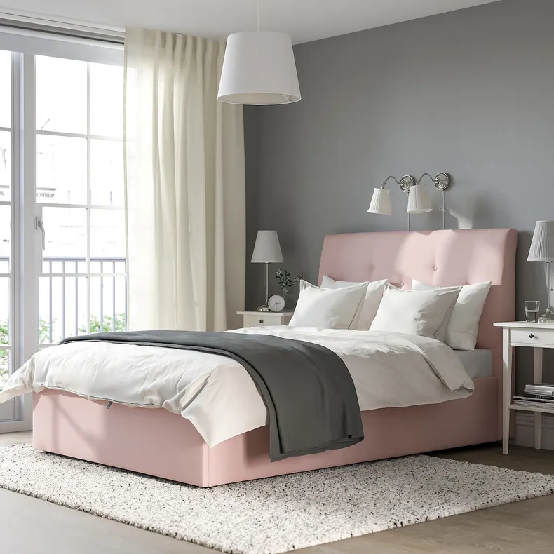 IKEA IDANÄS ІДАНЕС, ліжко з підіймальн механізм і оббив, Gunnared блідо-рожевий, 140x200 см 904.589.66 фото №3