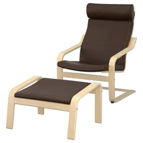 IKEA POÄNG ПОЭНГ, кресло с табуретом для ног, березовый шпон / Глосе темно-коричневый 195.510.68 фото