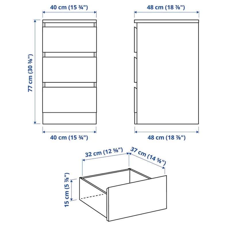 IKEA MALM МАЛЬМ, комод с 3 ящиками, белый глянец, 40x78 см 904.240.52 фото №3