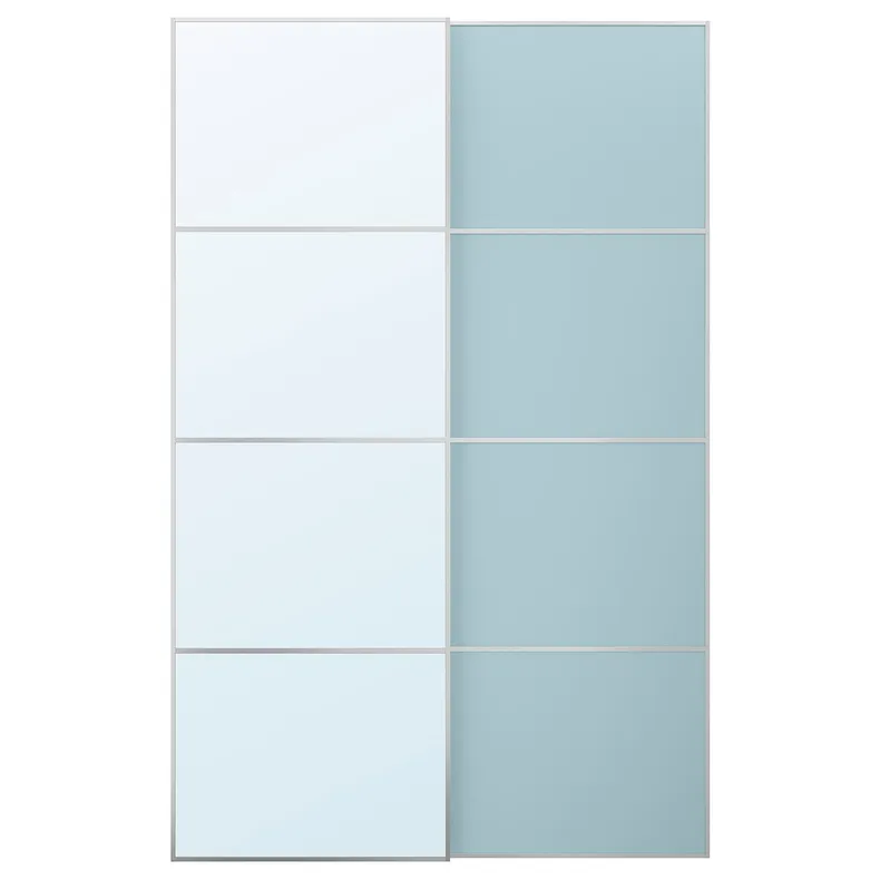 IKEA MEHAMN / AULI МЕХАМН / АУЛІ, розсувні дверцята, 2 шт., алюмінієве дзеркало 2шт / світло-блакитне дзеркало, 150x236 см 995.521.82 фото №1