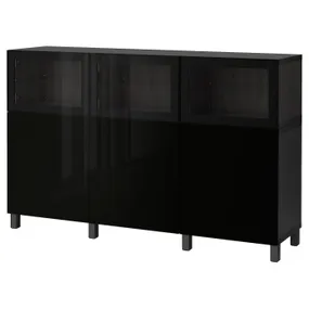 IKEA BESTÅ БЕСТО, комбинация для хранения с дверцами, Selsviken черно-коричневый / глянцевое / черное прозрачное стекло, 180x42x112 см 792.081.82 фото