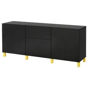 IKEA BESTÅ БЕСТО, модуль для зберігання із шухлядами, чорний / коричневий / Lappviken / жовтий Stubbarp, 180x42x74 см 694.259.25 фото