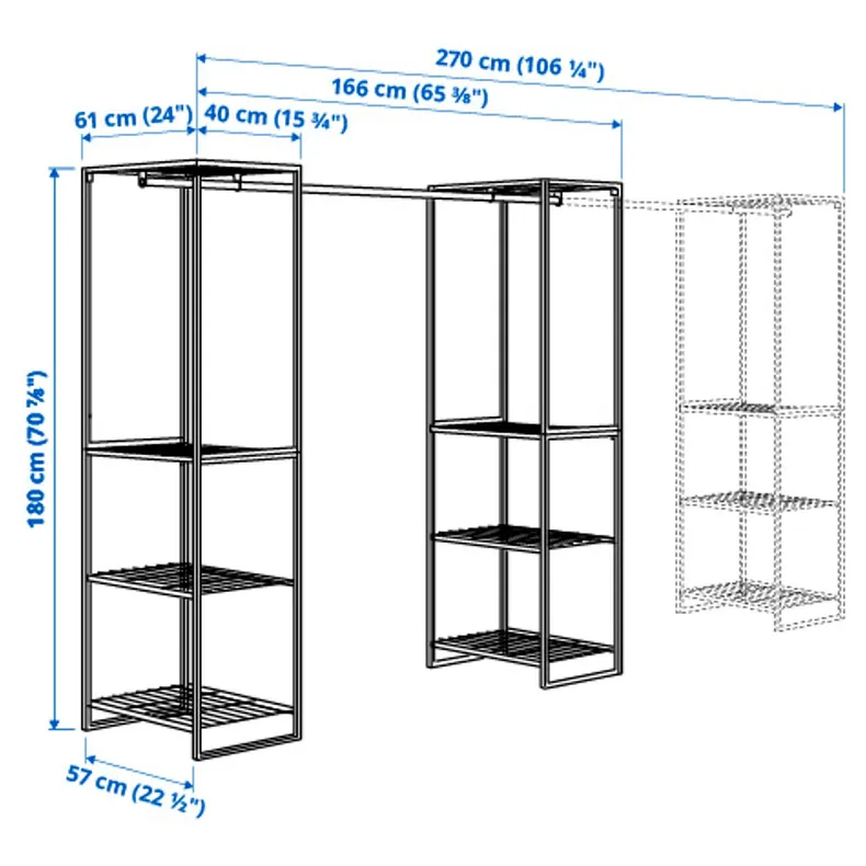 IKEA JOSTEIN ЙОСТЕЙН, стеллаж с платяной штангой, внутренний / наружный / белый провод, 61x166 / 270x180 см 894.372.77 фото №5