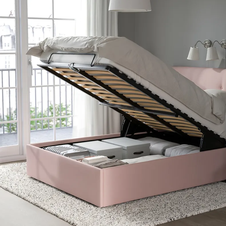 IKEA IDANÄS ІДАНЕС, ліжко з підіймальн механізм і оббив, Gunnared блідо-рожевий, 140x200 см 904.589.66 фото №2