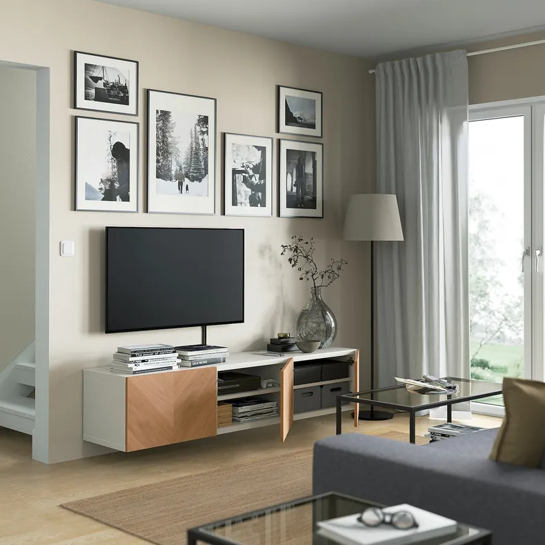 IKEA BESTÅ БЕСТО, тумба для телевізора з дверцятами, білий / ХЕДЕВІКЕН дубовий шпон, 180x42x38 см 594.217.96 фото №2