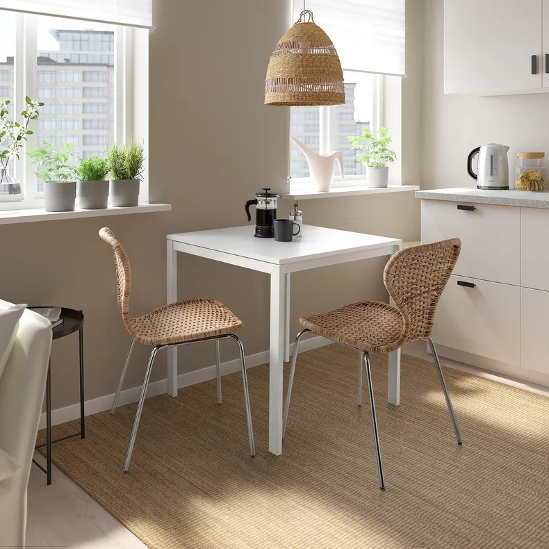 IKEA MELLTORP МЕЛЬТОРП / ÄLVSTA ЕЛЬВСТА, стіл+2 стільці, білий білий / ротанг хромований, 75x75 см 694.907.65 фото №2